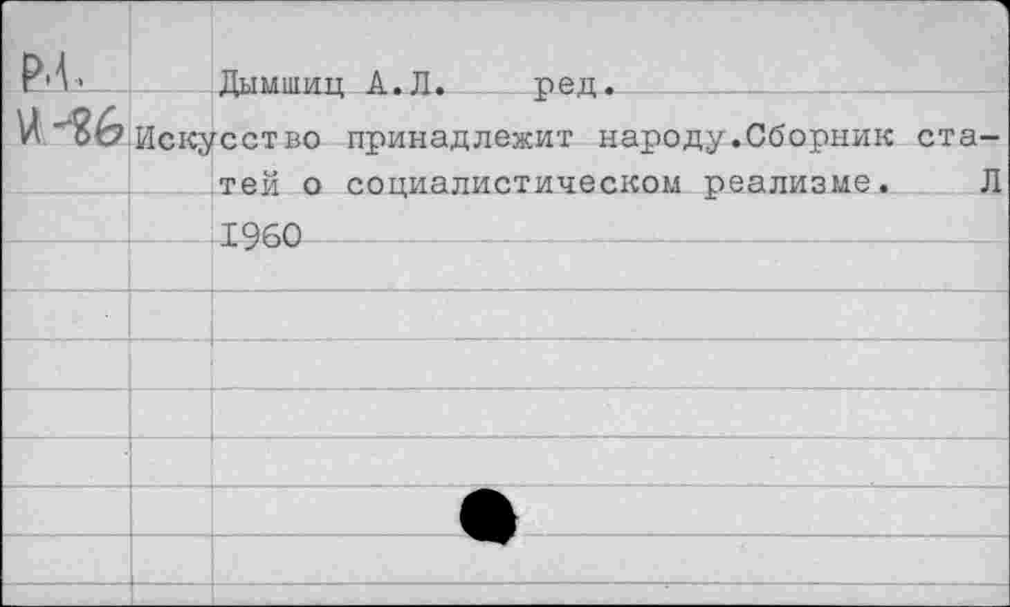 ﻿	1
ел.	Дымшиц А.Л.	ред.
М'?6	Искусство принадлежит народу.Сборник статей о социалистическом реализме.	Л
	1960
	
	
	
	
	
	
	
	